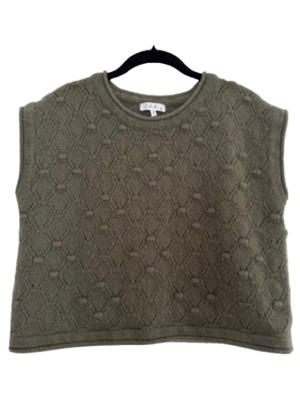 Calista Chunky Knit Cropped Textured Sleeveless Vest Olive Green Wool Blend Fall
